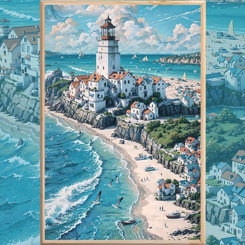 宫崎骏海滨小镇装饰画成品仿油画风景建筑清新唯美卧室客厅摆挂画图片