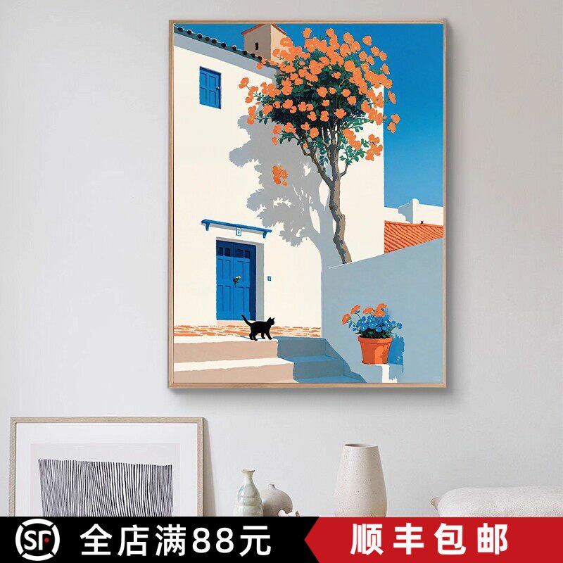 现代简约蓝色系装饰画仿油画风景建筑小清新高级感卧室客厅摆挂画