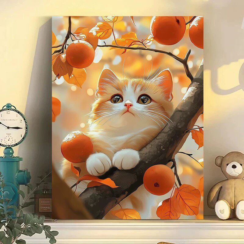 可爱猫咪柿柿如意装饰画成品仿油画温馨治愈氛围感卧室客厅摆挂画