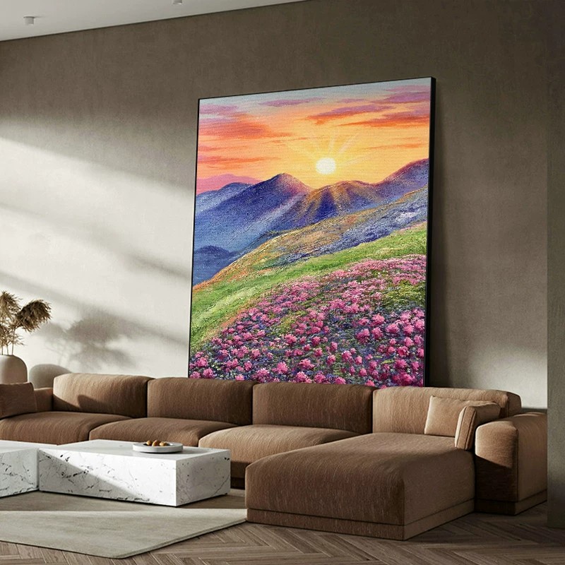 田园花海日出装饰画仿油画风景唯美治愈清新高级感卧室客厅摆挂画