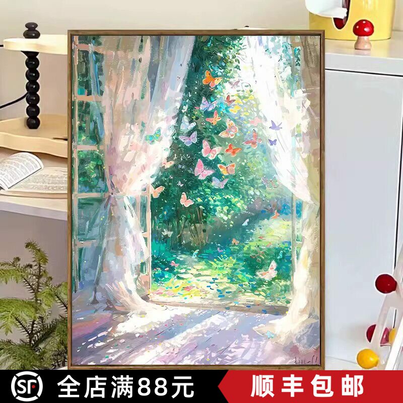 莫奈花园蝴蝶成品装饰画仿油画风景小众高级唯美治愈卧室客厅挂画