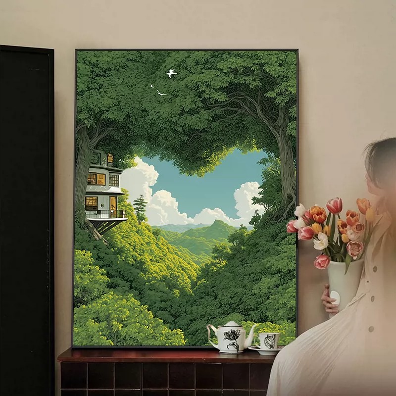 宫崎骏卡通动漫装饰画成品仿油画风景唯美治愈清新卧室客厅摆挂画