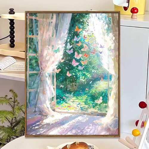莫奈花园蝴蝶成品装饰画仿油画风景小众高级唯美治愈卧室客厅挂画