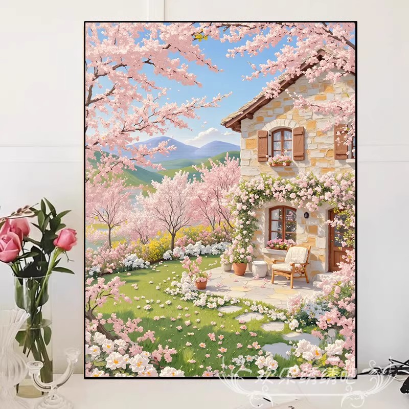 欧式桃花治愈清新装饰画成品仿油画风景唯美高级感卧室客厅摆挂画图片