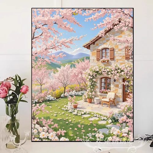 欧式桃花治愈清新装饰画成品仿油画风景唯美高级感卧室客厅摆挂画