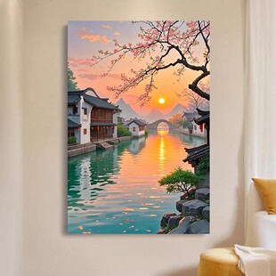 暮色染巷江南建筑装饰画成品仿油画风景唯美治愈系卧室客厅摆挂画