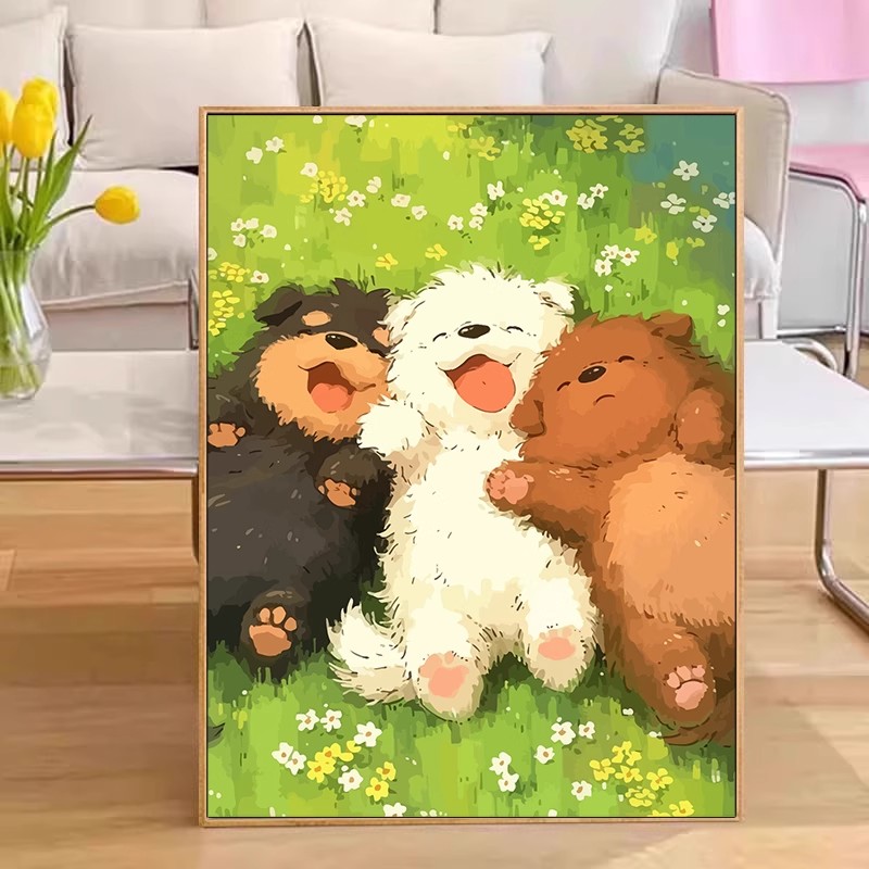 风景治愈装饰画成品仿油画可爱狗狗唯美温馨卡通卧室客厅儿童挂画