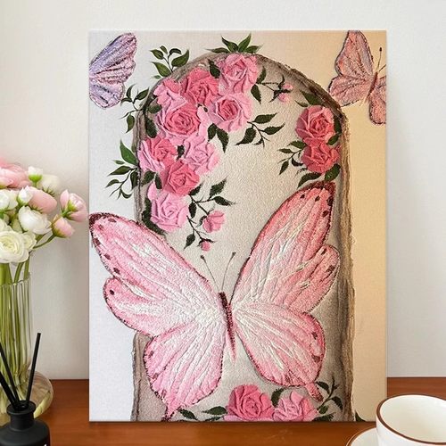 蝴蝶高级感立体肌理装饰画唯美仿油画成品喷印卧室客厅小众摆挂画
