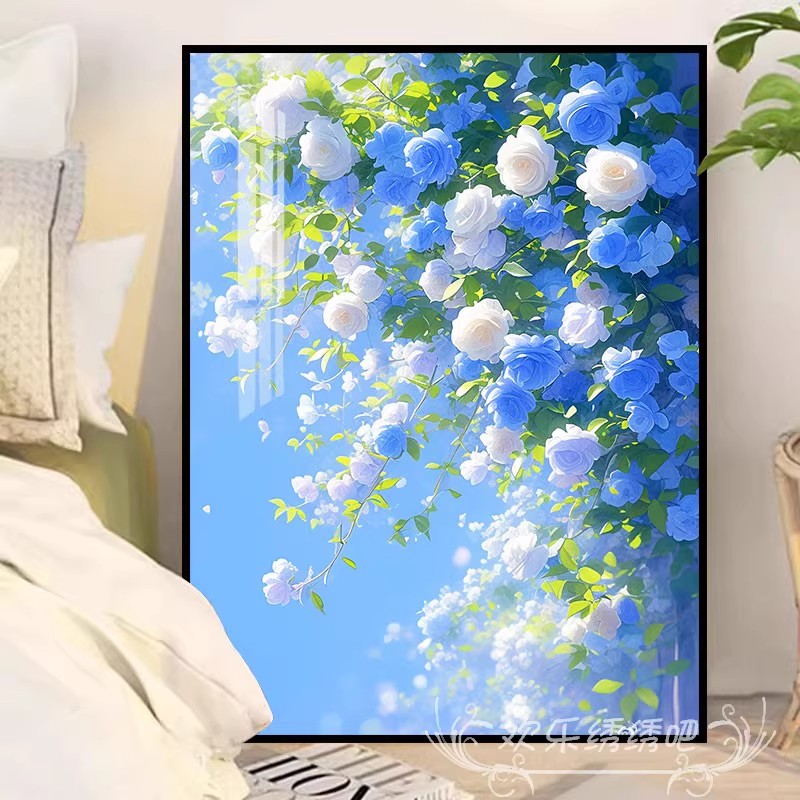 蓝色妖姬玫瑰花卉装饰画成品仿油画风景唯美高级感卧室客厅摆挂画图片