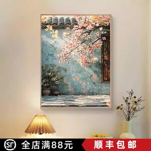 春色满园花卉装饰画成品仿油画风景新中式建筑高级卧室客厅摆挂画