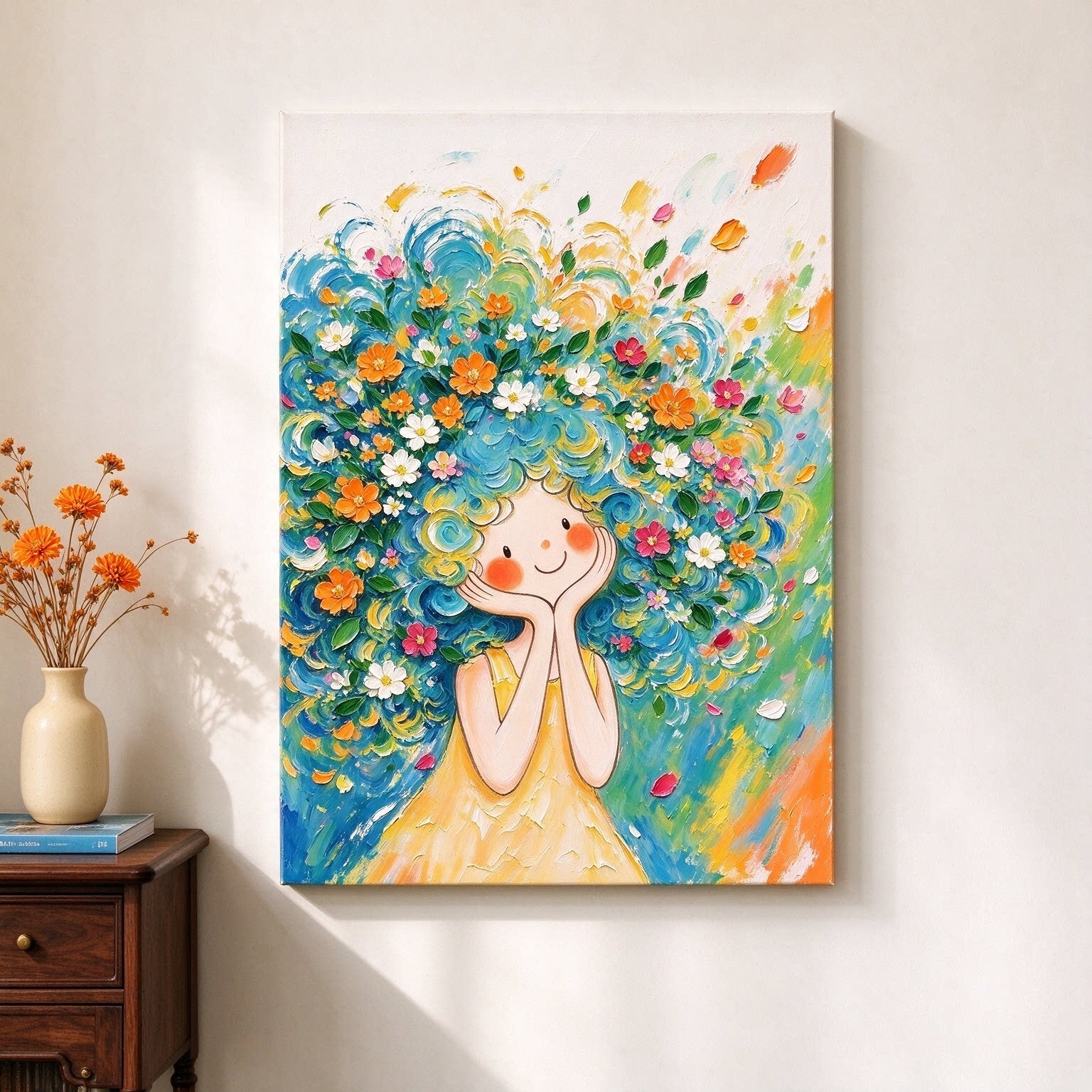 水彩风卷发花卉精灵装饰画仿油画治愈系花朵美少女卧室客厅摆挂画