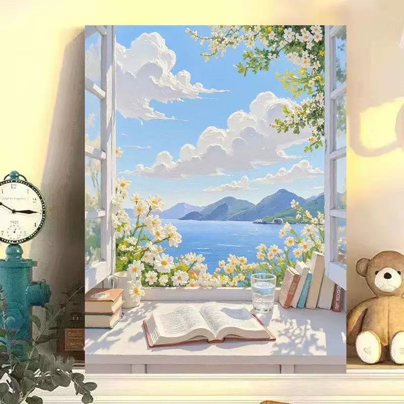海边花房装饰画仿油画风景唯美成品小众清新氛围感卧室客厅摆挂画