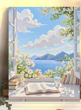 海边花房装饰画仿油画风景唯美成品小众清新氛围感卧室客厅摆挂画