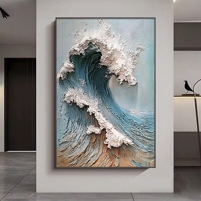 奶油风生水起海浪装饰画成品仿油画风景唯美高级感卧室客厅摆挂画