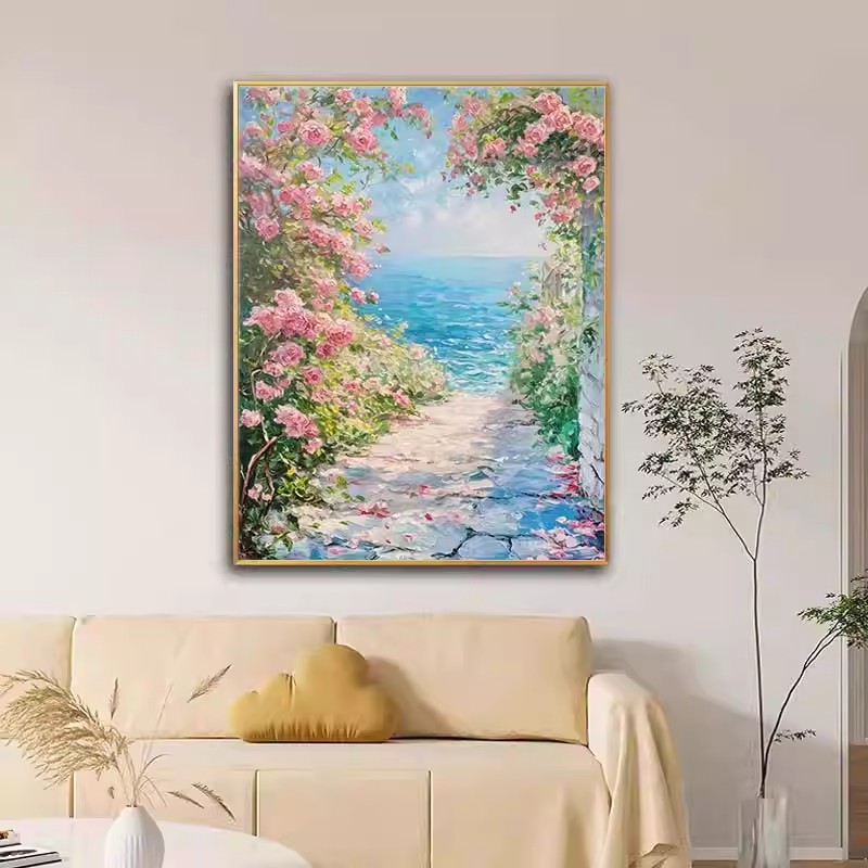 海边花墙玫瑰花卉装饰画成品仿油画风景唯美高级感卧室客厅摆挂画图片