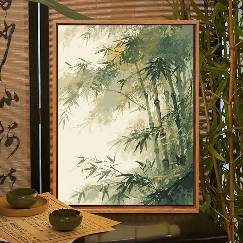 国风竹林装饰画成品仿油画水墨风景意境唯美古典高级卧室客厅挂画