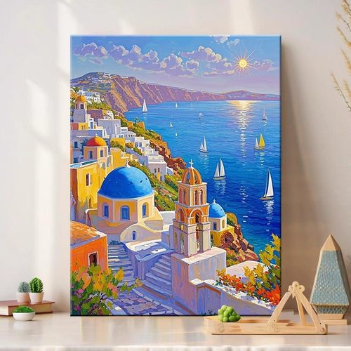 圣托里尼北欧装饰画成品仿油画风景建筑唯美治愈系卧室客厅摆挂画