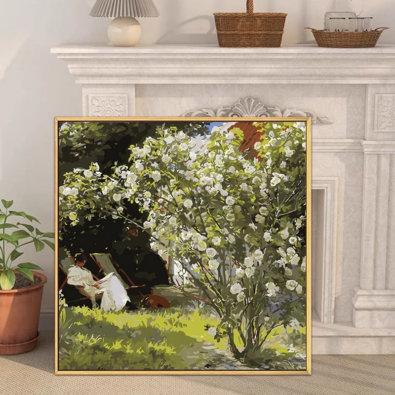 莫奈花园成品装饰画方形仿油画风景唯美古典高级感卧室客厅摆挂画