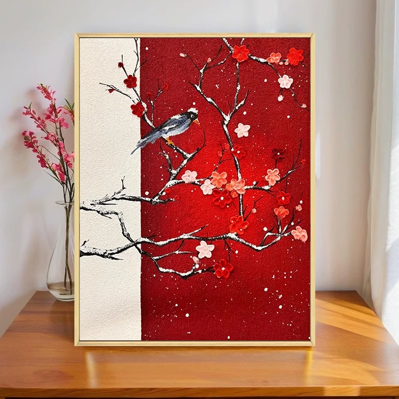 中国风梅花卉装饰画成品仿油画风景新中式喜鹊红色卧室客厅摆挂画图片