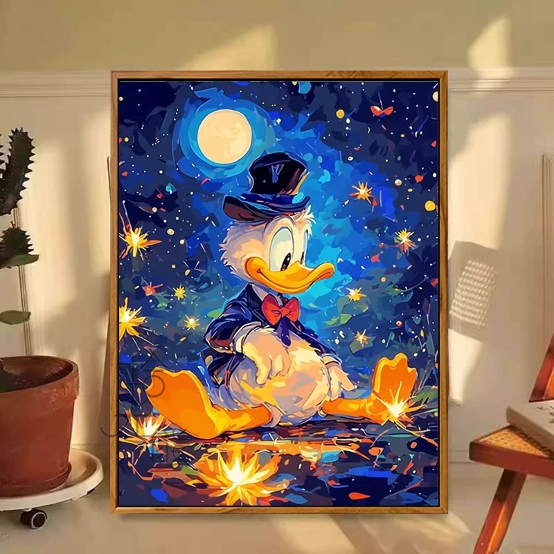 星空唐老鸭卡通装饰画仿油画成品可爱创意小众艺术卧室客厅摆挂画