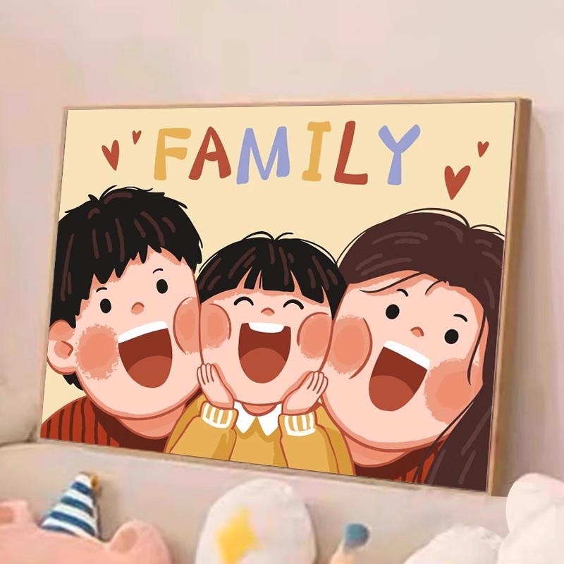 可爱全家福卡通装饰画成品一家三四口人物温馨横版卧室客厅摆挂画