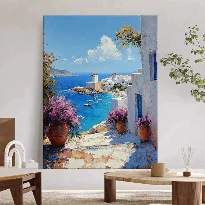 地中海风景装饰画欧式建筑仿油画唯美治愈高级感艺术卧室客厅挂画