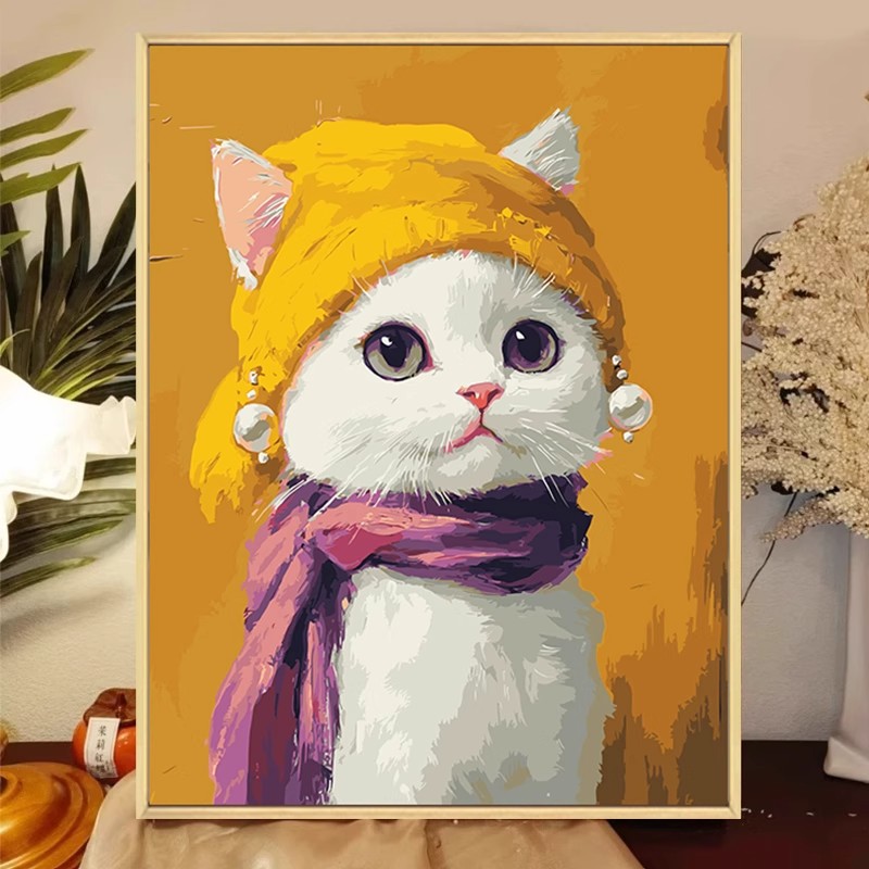 戴珍珠耳环的猫咪成品装饰画仿油画可爱动物高级感卧室客厅摆挂画图片