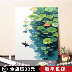 好运莲莲荷叶装饰画成品仿油画风景小清新唯美中式卧室客厅摆挂画