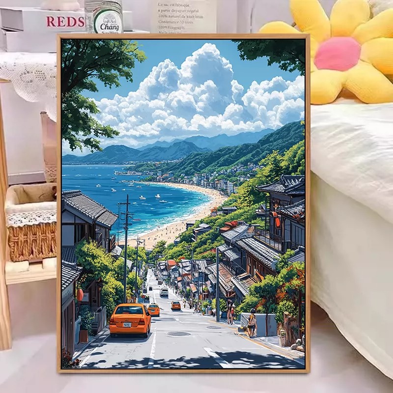 海岸风景宫崎骏装饰画卡通清新唯美治愈系田园氛围卧室客厅摆挂画