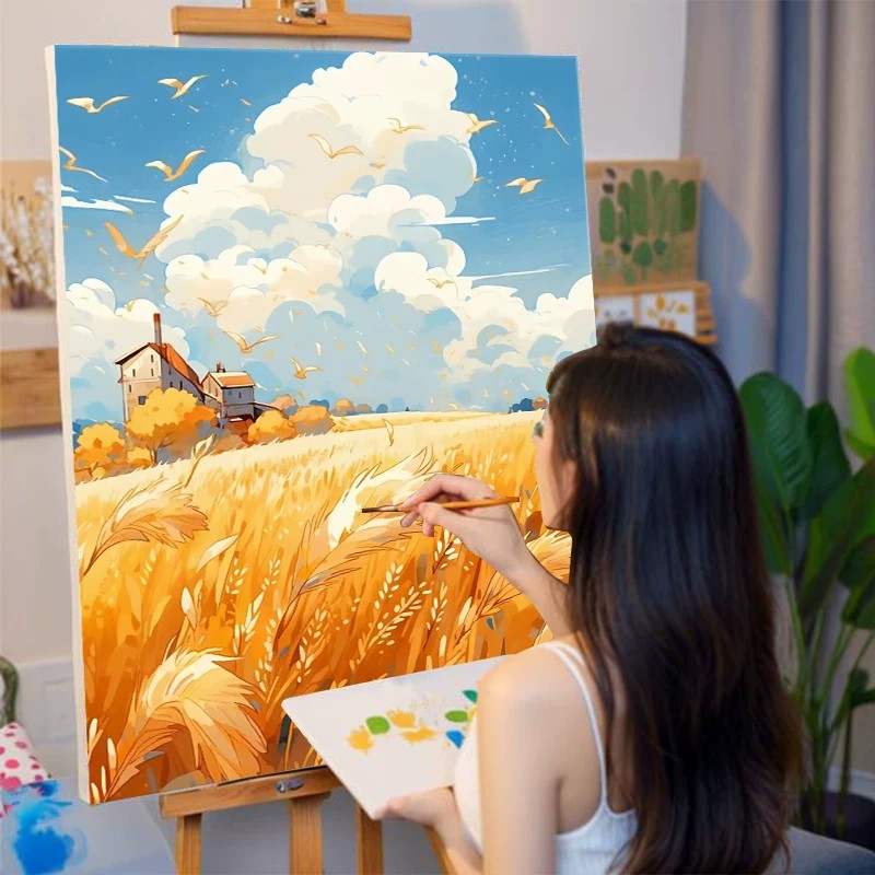 秋天风景田园卡通装饰画仿油画唯美治愈清新氛围感卧室客厅摆挂画