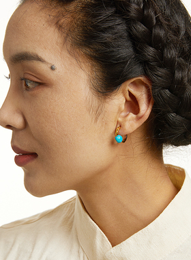 乌垛天然绿松石耳扣高级纯银新中式耳钉独特耳饰小众藏式松石耳环