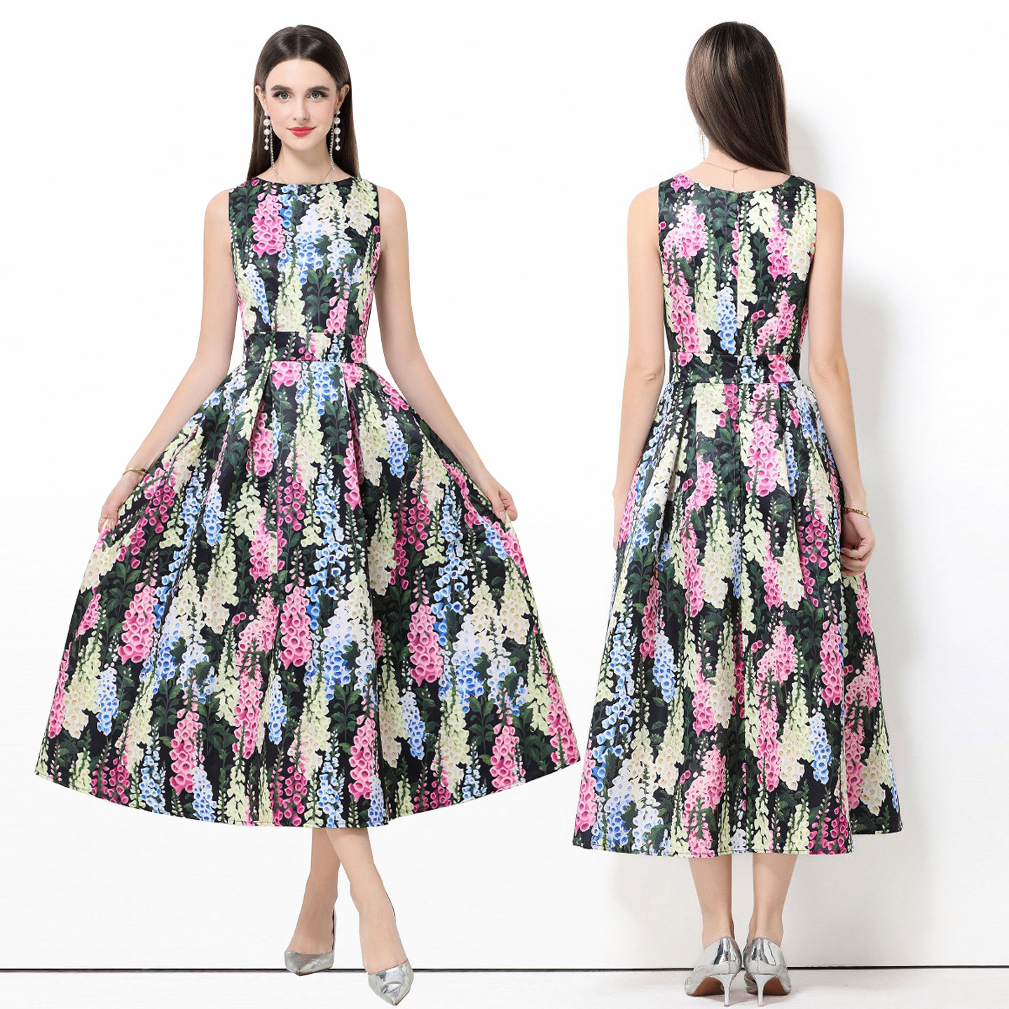 欧洲站明星款圆领彩色大花无袖大摆连衣裙法式英伦风大码走秀礼服,女装/女士精品,连衣裙,淘宝优惠券,粉丝福利购,淘宝优惠卷