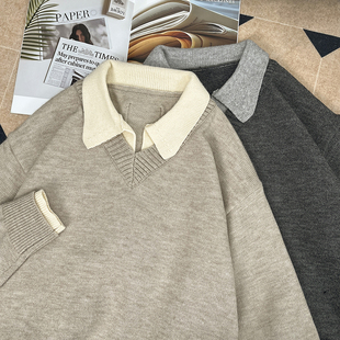 翻领假两件毛衣男女款慵懒松弛感秋冬polo衫韩版上衣V子口针织衫