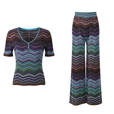 maSande2026夏季新款气质时尚撞色波折纹V领针织短袖上衣+高腰阔