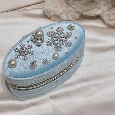 便携高级丝绒雪花珍珠椭圆首饰盒