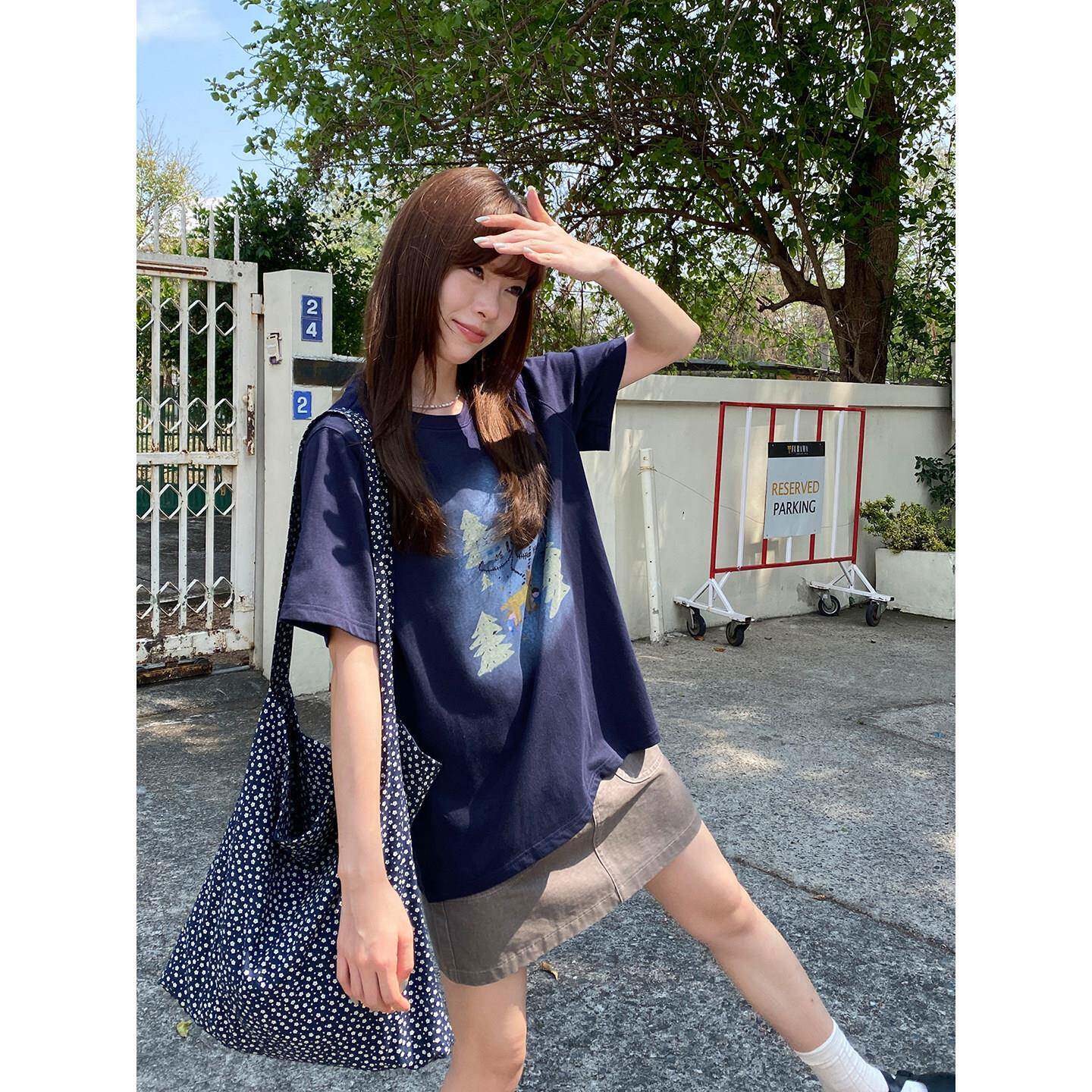 奶兔星球-自制 纯棉雪地小狗印花短袖t恤女2026新款宽松圆领上衣