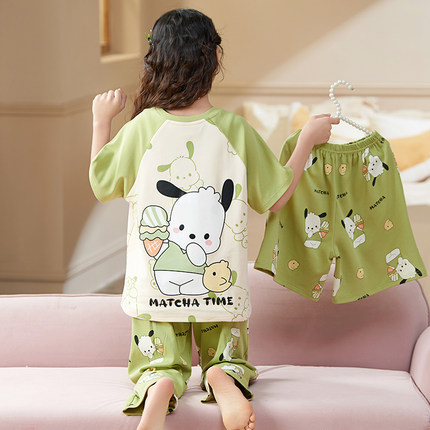 儿童睡衣女童夏季三件套2025新款纯棉短袖长裤薄款大童女孩家居服