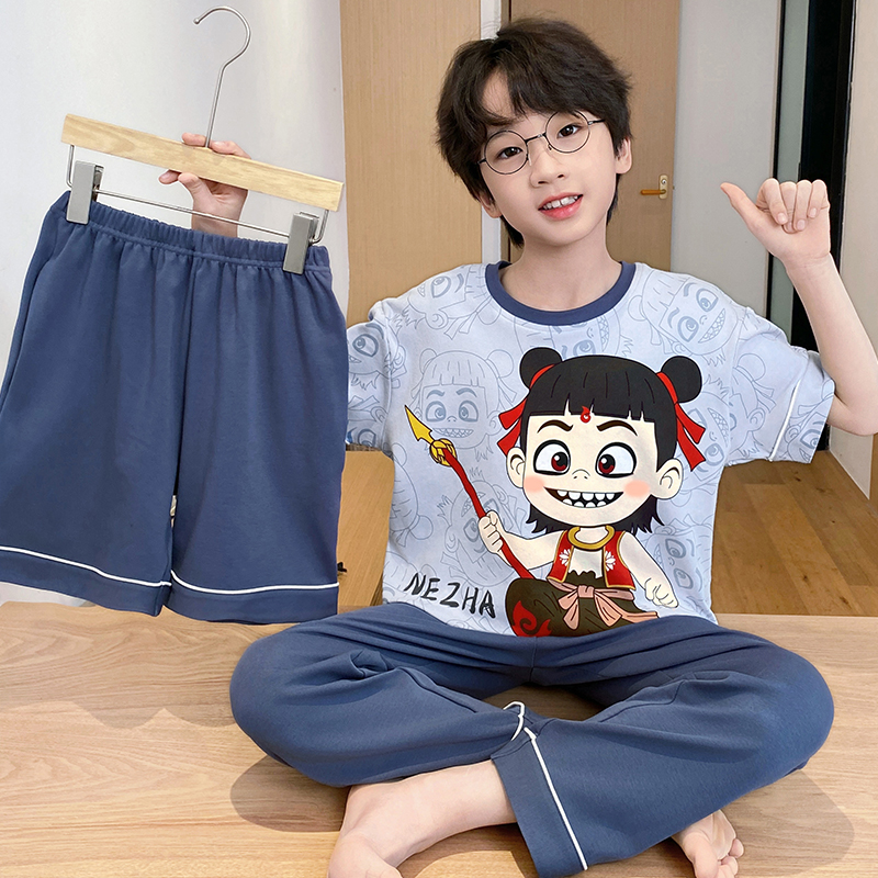纯棉儿童睡衣夏季2025新款男童短袖三件套哪吒薄款男孩大童家居服