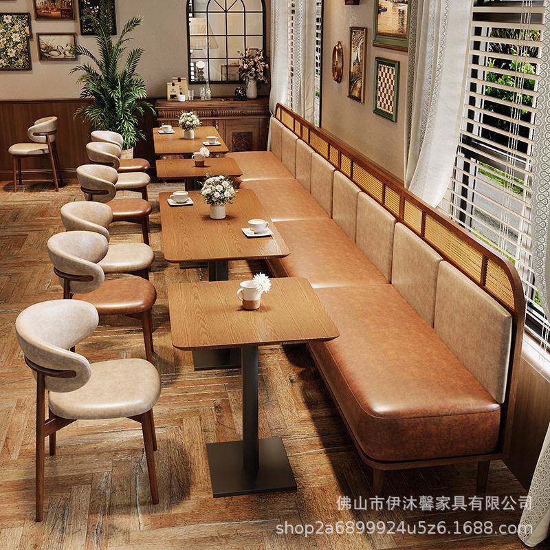 定制藤编实木咖啡厅靠墙卡座西餐厅沙发奶茶店甜品烘培店桌椅组合