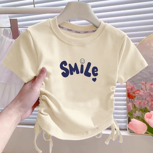 夏季儿童新款冰丝短袖女童抽绳纯棉T恤设计短款女孩洋气卡通上衣