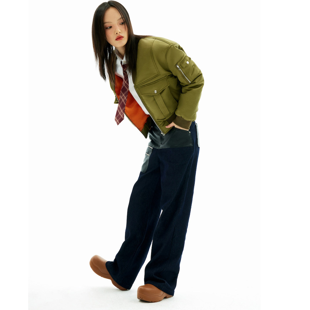 原创设计新款深蓝色冬季tomboy pu材质拼接宽松直筒牛仔裤