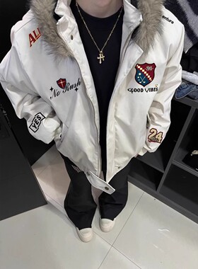 潮牌可拆卸连帽棉衣男冬季美式刺绣情侣机车夹克高街百搭休闲外套