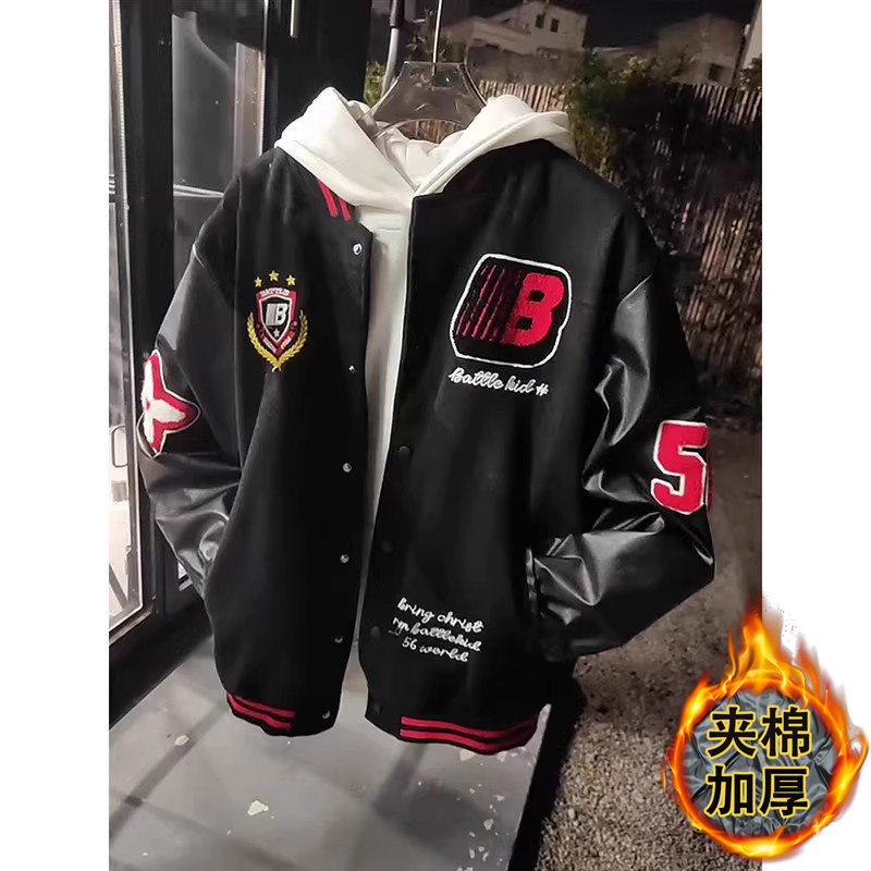 秋冬美式潮牌加厚夹棉棒球服男高街徽章拼接撞色字母刺绣夹克外套
