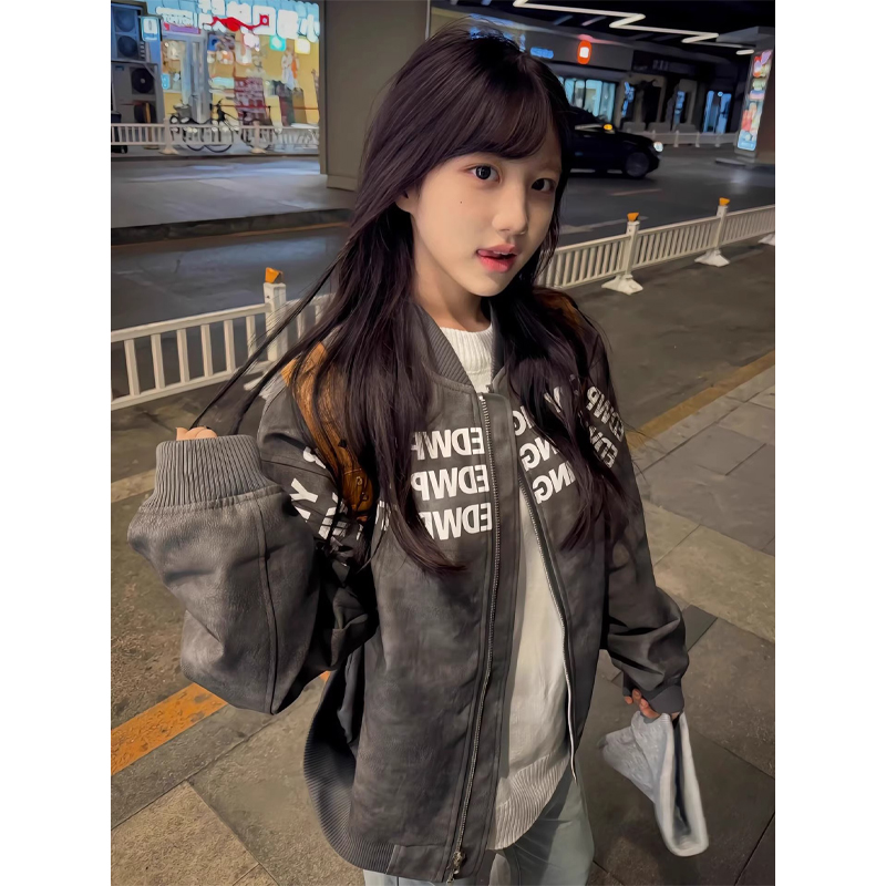 字母美式黑色棒球服皮衣男女秋冬季新款潮牌高街宽松情侣夹克外套