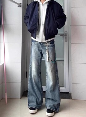 cleanfit蓝色闪电纹微喇牛仔裤男秋冬美式高街vibe裤子阔腿弯刀裤