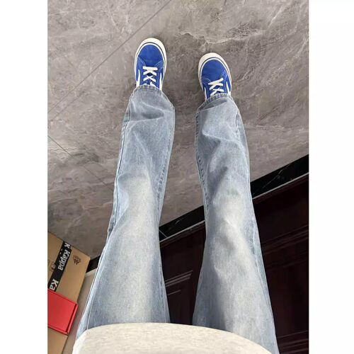 cleanfit浅蓝色水洗牛仔裤男美式高街vibe裤子显瘦修身直筒微喇裤