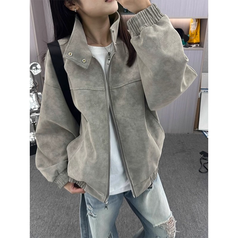 美式扎染pu皮衣夹克男女秋季短款立领棒球服宽松百搭休闲情侣外套
