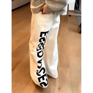 美式字母微喇牛仔裤男款秋冬高街潮牌白色弯刀裤子阔腿工装直筒裤