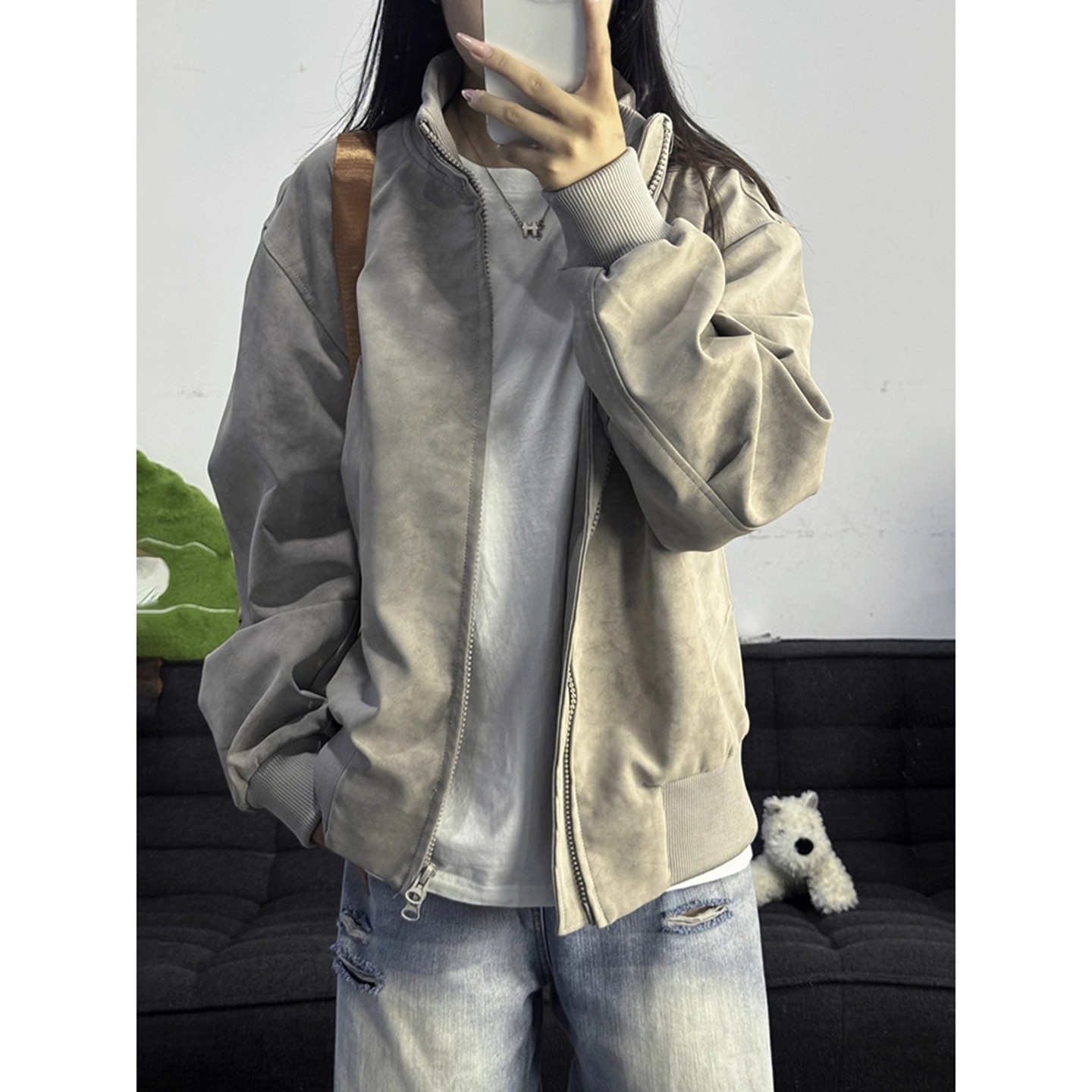 灰色美式扎染皮衣外套男女秋季cleanfit立领飞行员夹克短款棒球服