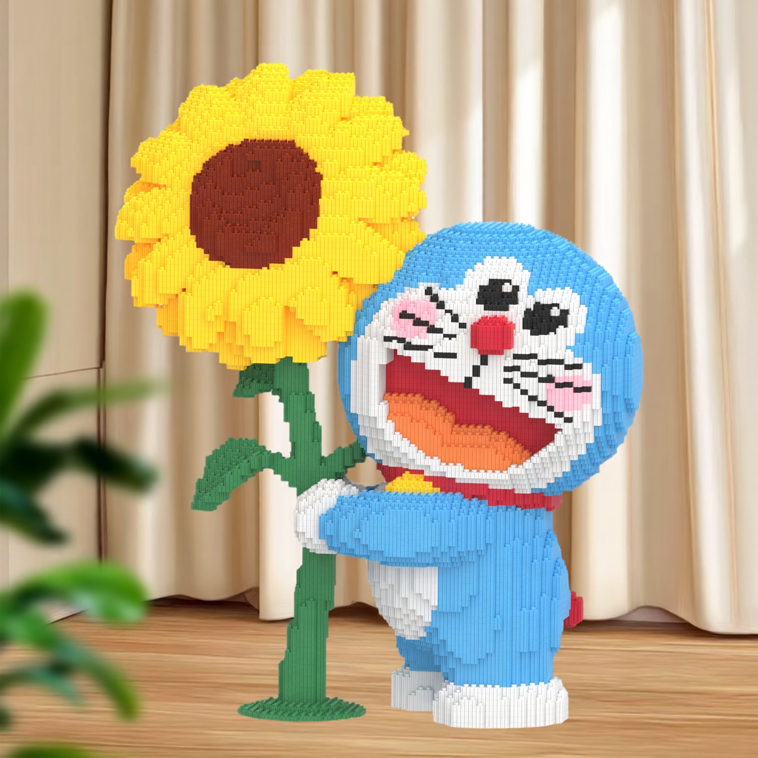 哆啦a梦向日葵积木玩具摆件